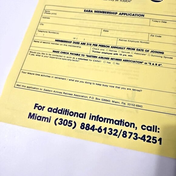 Eastern Airlines Retirees Association BLANK EARA Membership Application Ephemera - Picture 2 of 4